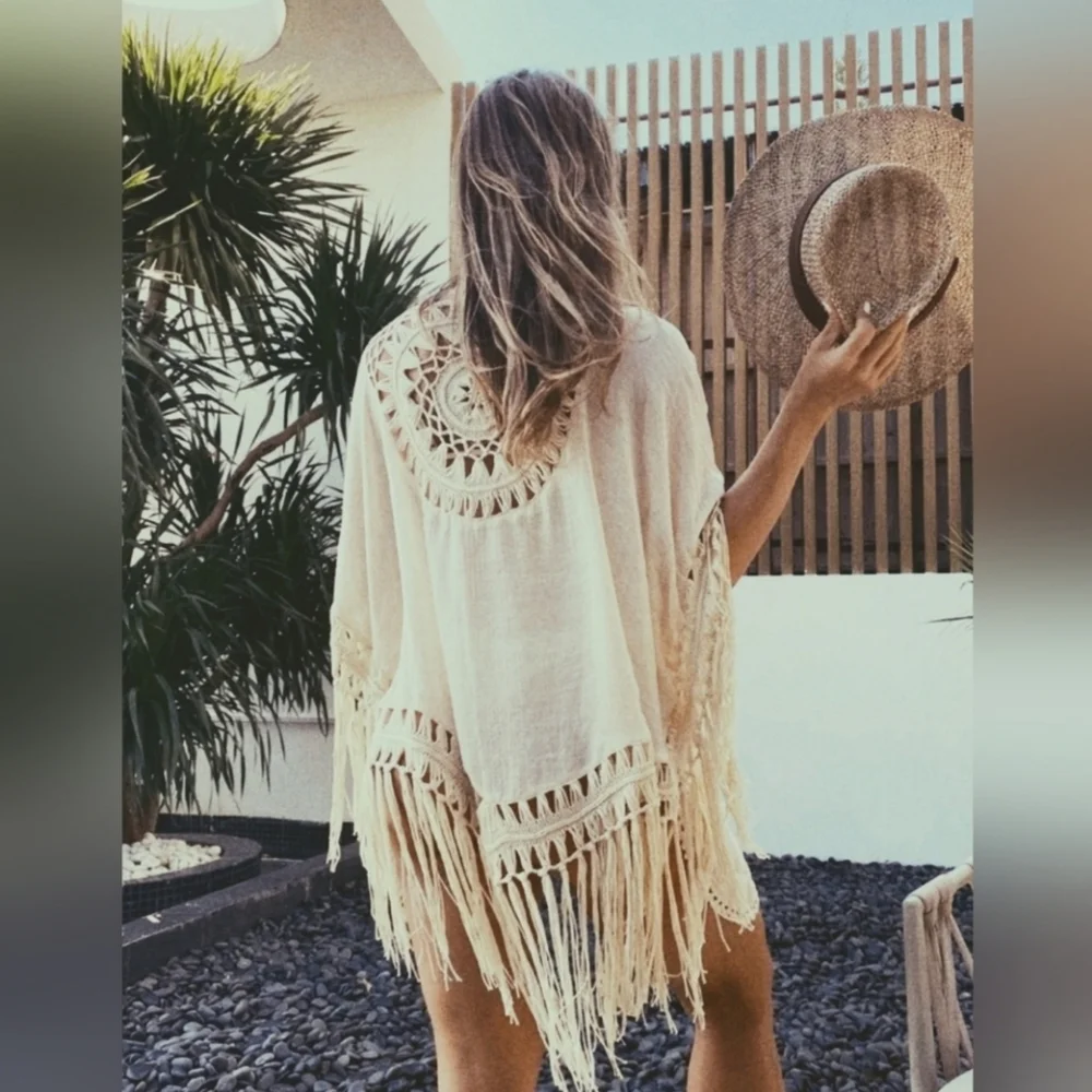 New Boho Chic Crochet Fringe Tassel Cover Up Kimono Cardigan Beige Tan - Picture 7 of 9